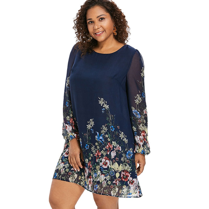 Wipalo Navy Blue Plus Size Floral Embroidery Tunic Dress Spring Summer Elegant Large Sizes Tribal Flower Print Vocation Dress