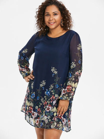 Wipalo Navy Blue Plus Size Floral Embroidery Tunic Dress Spring Summer Elegant Large Sizes Tribal Flower Print Vocation Dress