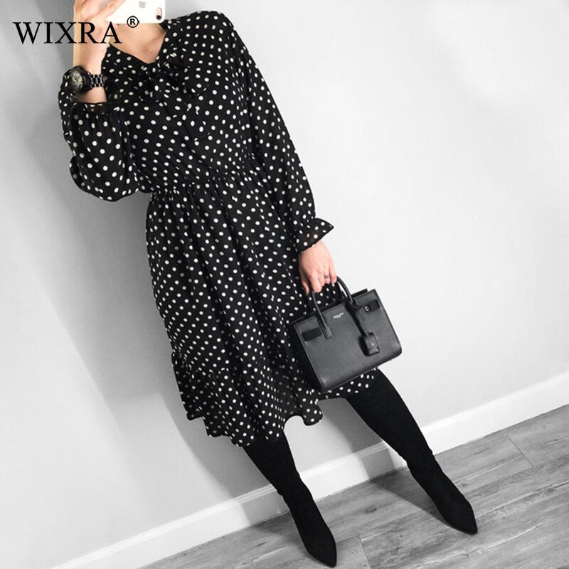 Wixra Chiffon Dress Stand Neck Floral Print Dress Ruffles Long Sleeve Elegant Dresses S XL For Women Spring Summer