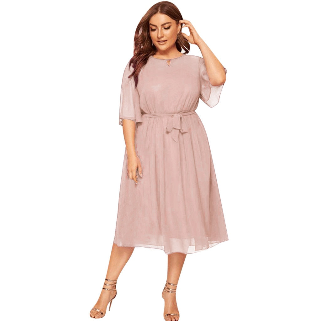 Womail Solid Color Women's Plus Size Dress Half Sleeve Loose Chiffon Knee Length O neck Party Casual Fashion Dress JUNE24 Vestido
