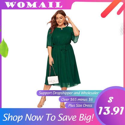 Womail Solid Color Women's Plus Size Dress Half Sleeve Loose Chiffon Knee Length O neck Party Casual Fashion Dress JUNE24 Vestido
