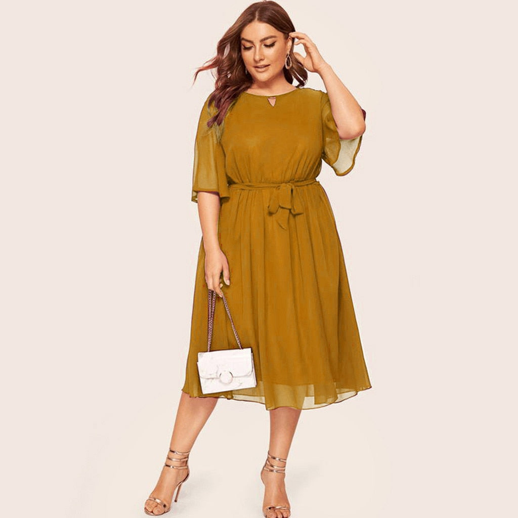 Womail Solid Color Women's Plus Size Dress Half Sleeve Loose Chiffon Knee Length O neck Party Casual Fashion Dress JUNE24 Vestido