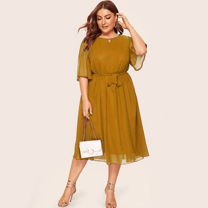 Womail Solid Color Women's Plus Size Dress Half Sleeve Loose Chiffon Knee Length O neck Party Casual Fashion Dress JUNE24 Vestido