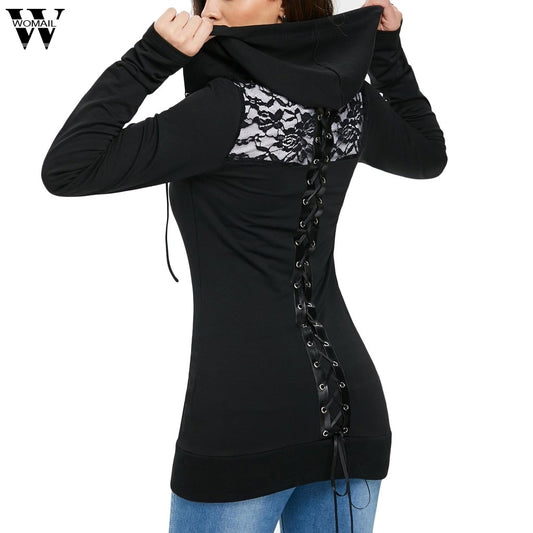Womail Sweatshirts  Women's Hoodie Sweater Bandage Long Sleeve Casual Blouse Lace Up Back Zip Up Women's Hoodie Sweatshirt Dec18