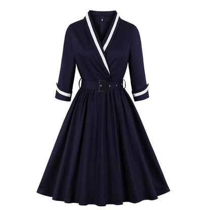 Women's 3/4 Quarter Sleeves Wrap Dress. Surplice v Neck Autumn Winter Dress Navy Sailor Dress Office Lady Work Vintage Dress