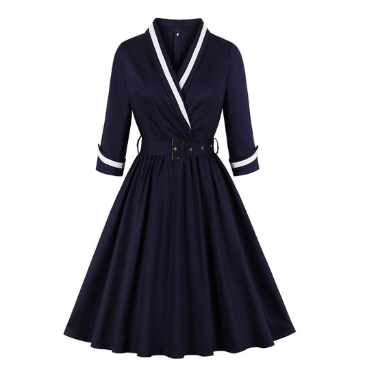 Women's 3/4 Quarter Sleeves Wrap Dress. Surplice v Neck Autumn Winter Dress Navy Sailor Dress Office Lady Work Vintage Dress