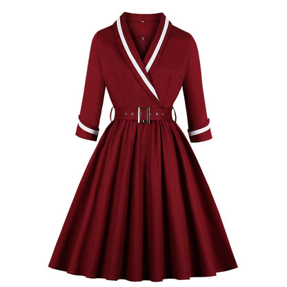 Women's 3/4 Quarter Sleeves Wrap Dress. Surplice v Neck Autumn Winter Dress Navy Sailor Dress Office Lady Work Vintage Dress