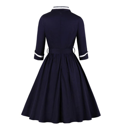 Women's 3/4 Quarter Sleeves Wrap Dress. Surplice v Neck Autumn Winter Dress Navy Sailor Dress Office Lady Work Vintage Dress