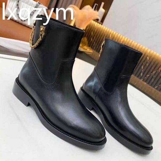 Woman Real Leather Ankle Boots Gold Matel Chains Designer Brand Boots Women Round Toe Low Heels Casual Flat Short Black Boots