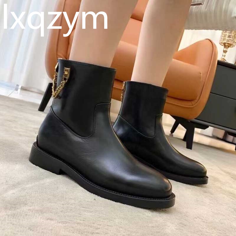 Woman Real Leather Ankle Boots Gold Matel Chains Designer Brand Boots Women Round Toe Low Heels Casual Flat Short Black Boots