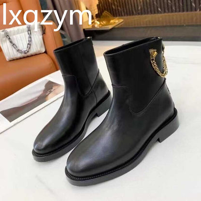 Woman Real Leather Ankle Boots Gold Matel Chains Designer Brand Boots Women Round Toe Low Heels Casual Flat Short Black Boots