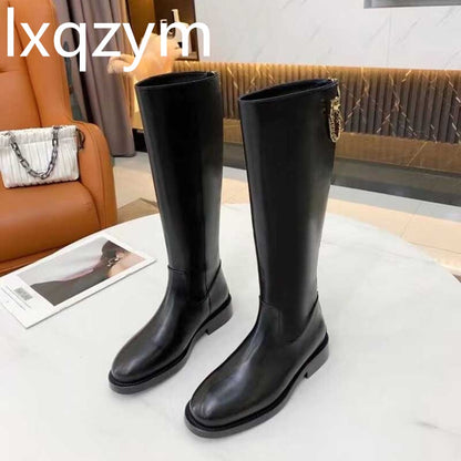 Woman Real Leather Ankle Boots Gold Matel Chains Designer Brand Boots Women Round Toe Low Heels Casual Flat Short Black Boots