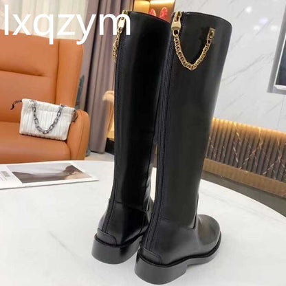 Woman Real Leather Ankle Boots Gold Matel Chains Designer Brand Boots Women Round Toe Low Heels Casual Flat Short Black Boots