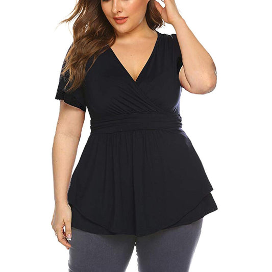 Women's Tops Summer Plus Size V-neck Pleated Blouse Waist Short Sleeve Casual Solid Color Women's Elegant Blouses tuniki damskie #10