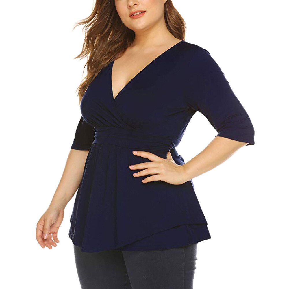 Women's Tops Summer Plus Size V-neck Pleated Blouse Waist Short Sleeve Casual Solid Color Women's Elegant Blouses tuniki damskie #10