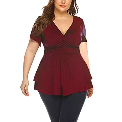 Women's Tops Summer Plus Size V-neck Pleated Blouse Waist Short Sleeve Casual Solid Color Women's Elegant Blouses tuniki damskie #10