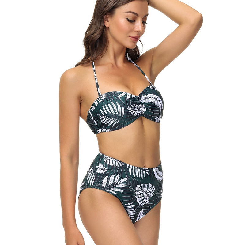 Women 2Pcs Swimsuit Tube Moulded Cup Push Up Bandeau Top High Waist Sexy Female Bodysuit Beachwear 2021 New Brand Swimwear
