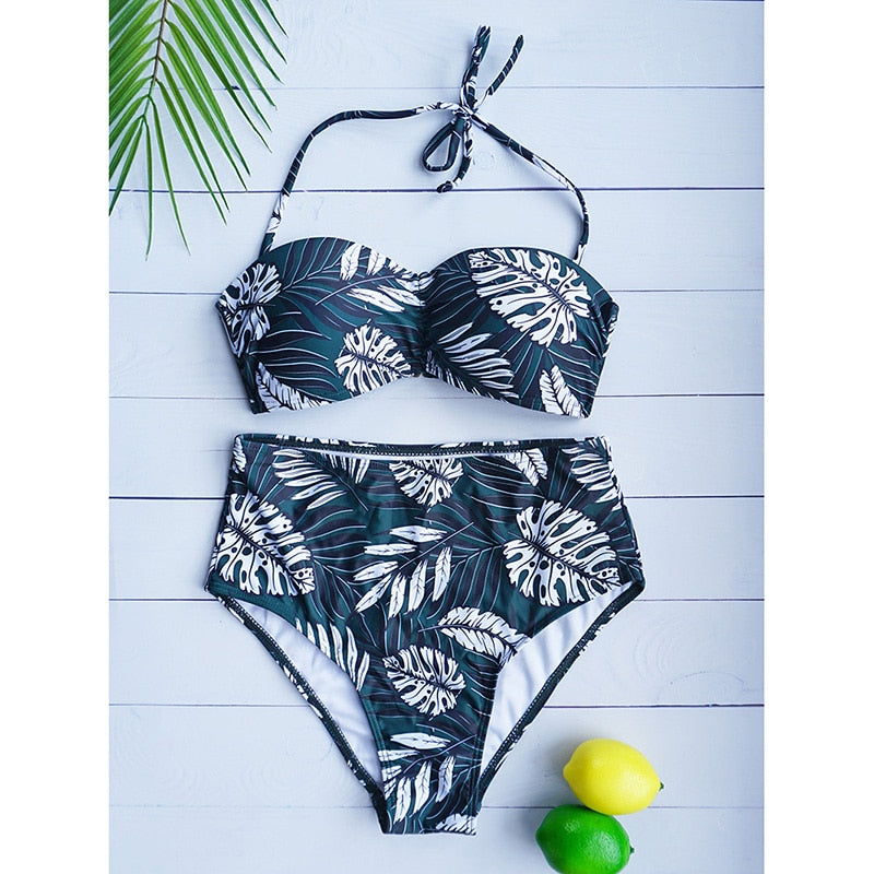 Women 2Pcs Swimsuit Tube Moulded Cup Push Up Bandeau Top High Waist Sexy Female Bodysuit Beachwear 2021 New Brand Swimwear