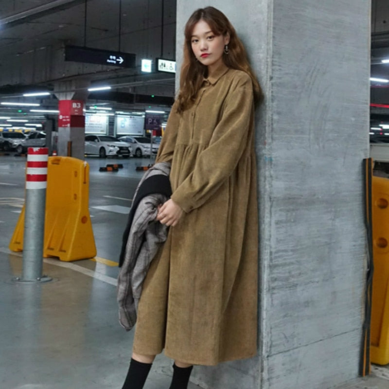 Women Autumn Corduroy Long Shirt Dress ladies Long Sleeve Loose high waist dresses with buttons solid color turn down collar