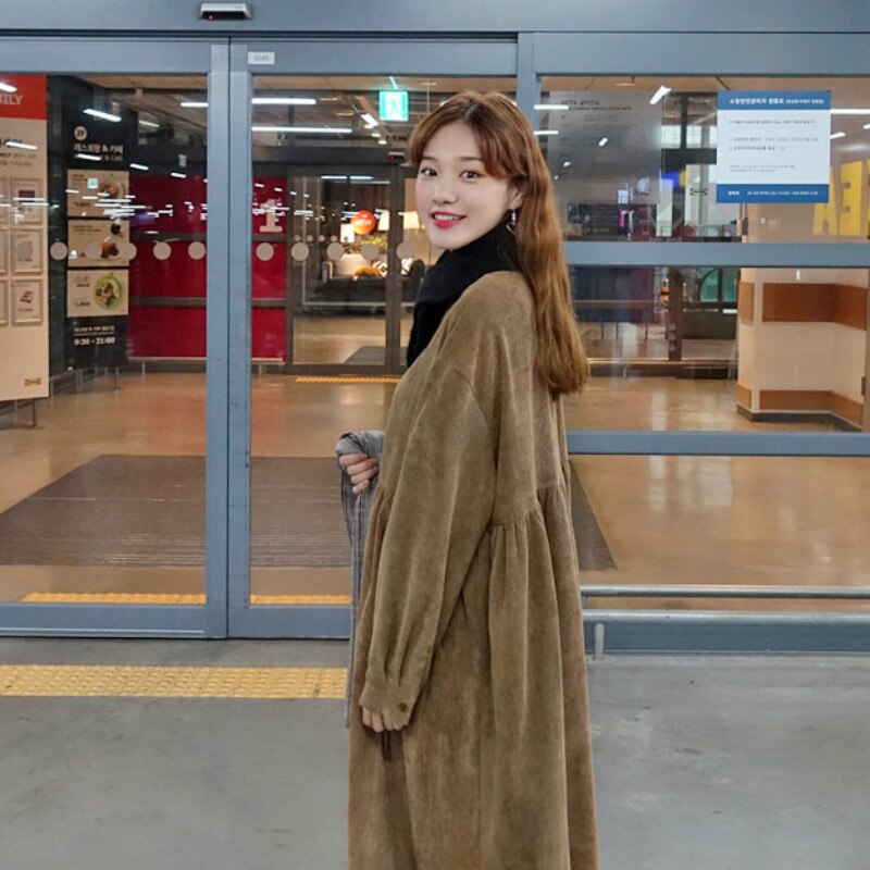 Women Autumn Corduroy Long Shirt Dress ladies Long Sleeve Loose high waist dresses with buttons solid color turn down collar