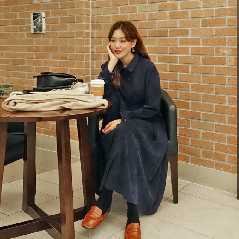 Women Autumn Corduroy Long Shirt Dress ladies Long Sleeve Loose high waist dresses with buttons solid color turn down collar