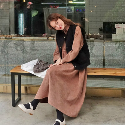 Women Autumn Corduroy Long Shirt Dress ladies Long Sleeve Loose high waist dresses with buttons solid color turn down collar
