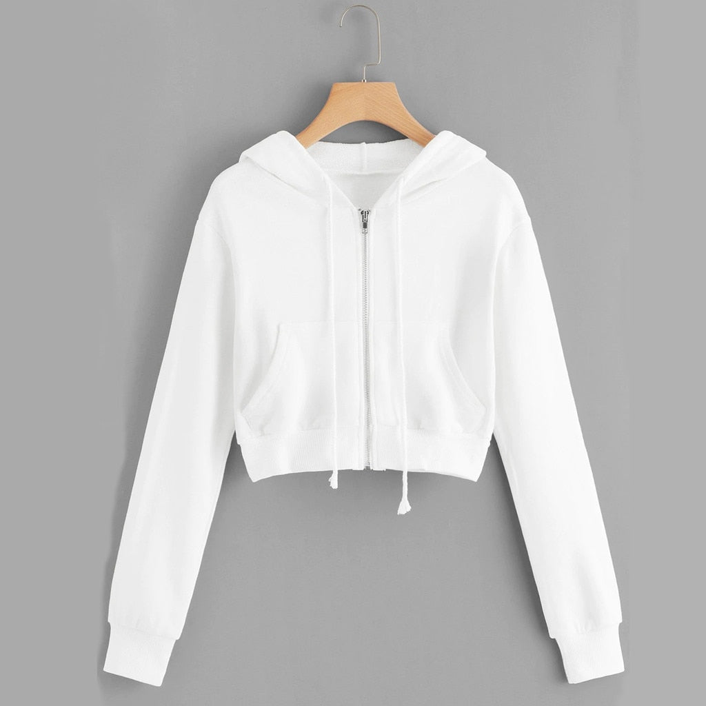 Women's Drawstring Hooded Long Sleeve Hoodie Sweater Zip Up Crop Casual Jacket Zipper Coat Outwear #L10