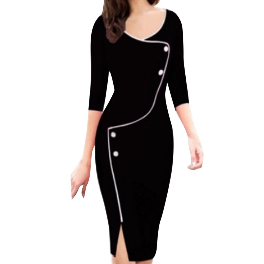 Women's Seven Point Formal Dress Casual V Neck Sleeve Front Fork Pencil Dress Elegant