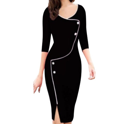 Women's Seven Point Formal Dress Casual V Neck Sleeve Front Fork Pencil Dress Elegant