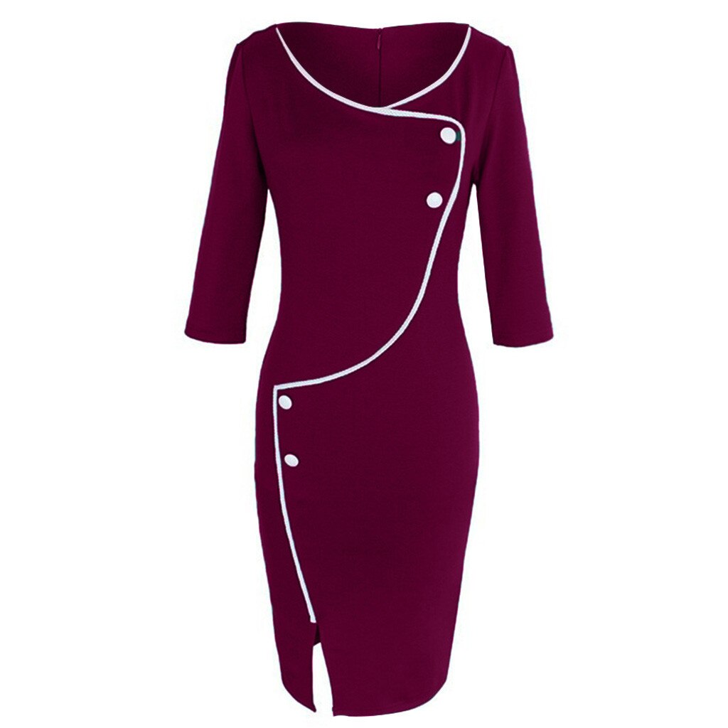 Women's Seven Point Formal Dress Casual V Neck Sleeve Front Fork Pencil Dress Elegant