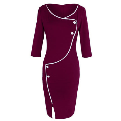 Women's Seven Point Formal Dress Casual V Neck Sleeve Front Fork Pencil Dress Elegant