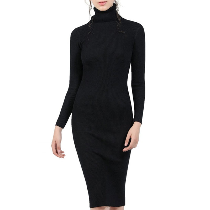 Women's Knitted Turtleneck Sweater Dress Slim Elastic Long Sleeve Sexy Lady Bodycon Dresses