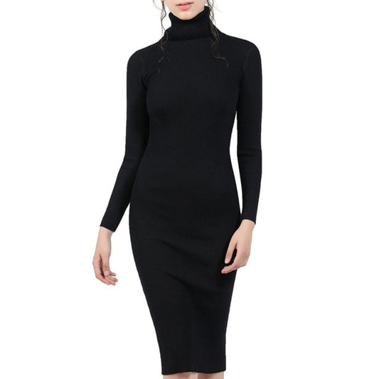 Women's Knitted Turtleneck Sweater Dress Slim Elastic Long Sleeve Sexy Lady Bodycon Dresses