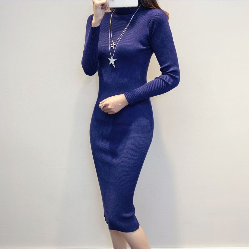 Women's Knitted Turtleneck Sweater Dress Slim Elastic Long Sleeve Sexy Lady Bodycon Dresses