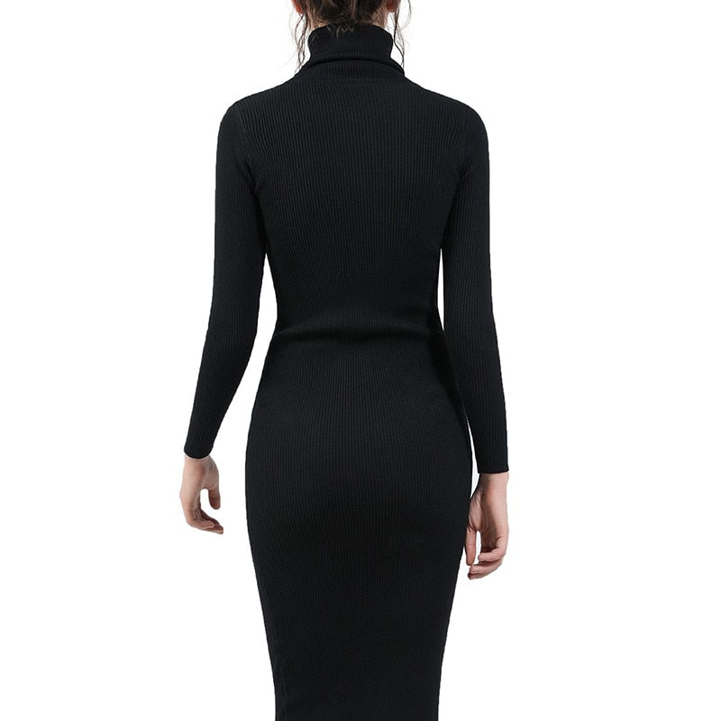 Women's Knitted Turtleneck Sweater Dress Slim Elastic Long Sleeve Sexy Lady Bodycon Dresses