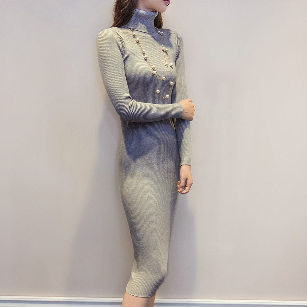 Women's Knitted Turtleneck Sweater Dress Slim Elastic Long Sleeve Sexy Lady Bodycon Dresses