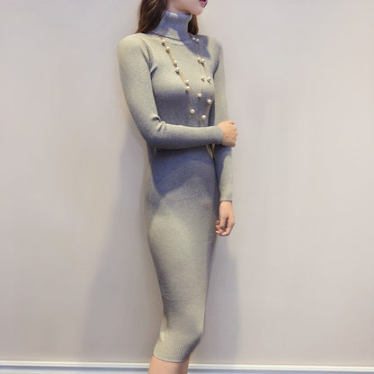 Women's Knitted Turtleneck Sweater Dress Slim Elastic Long Sleeve Sexy Lady Bodycon Dresses