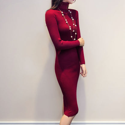 Women's Knitted Turtleneck Sweater Dress Slim Elastic Long Sleeve Sexy Lady Bodycon Dresses