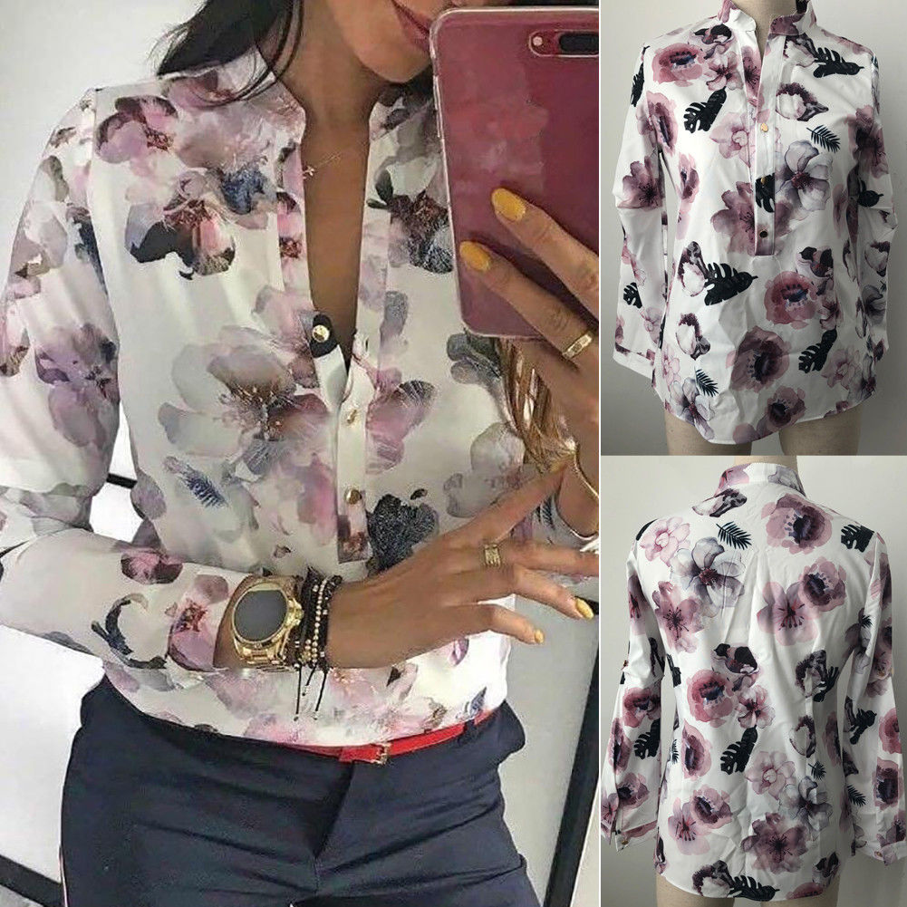 Women Blouses 2019 Fashion Long Sleeve Round Collar Office Shirt Floral Printed Shirt Casual Tops Plus Size XL Blusas Femininas