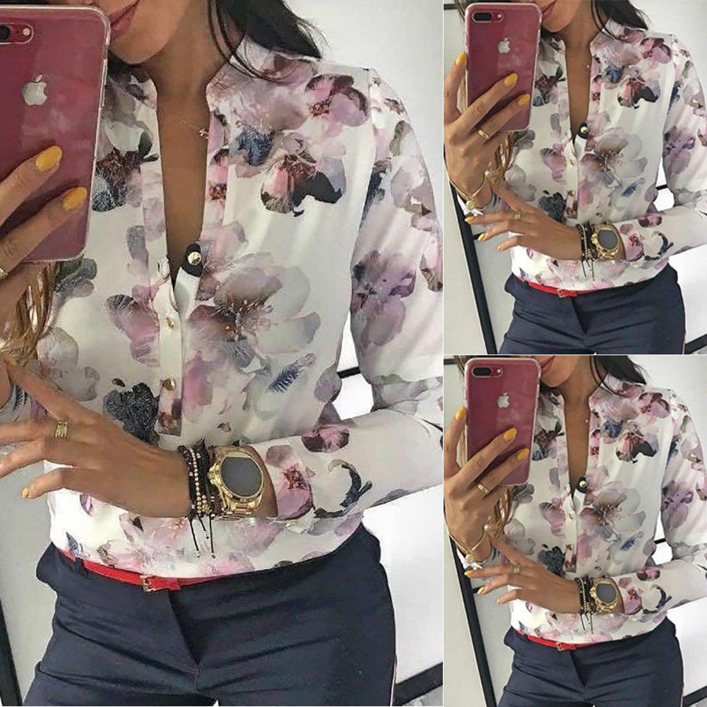 Women Blouses 2019 Fashion Long Sleeve Round Collar Office Shirt Floral Printed Shirt Casual Tops Plus Size XL Blusas Femininas