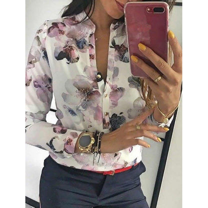 Women Blouses 2019 Fashion Long Sleeve Round Collar Office Shirt Floral Printed Shirt Casual Tops Plus Size XL Blusas Femininas