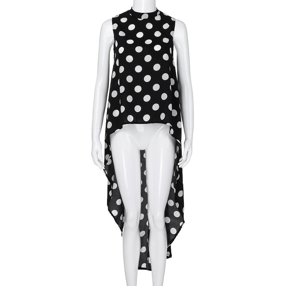 Women Blouses Casual Sleeveless Polka Dot Black High Low Chiffon Long Blouse Tops O Neck Summer Fashion Blusas Blouses 2019 Hot