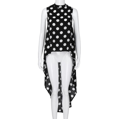Women Blouses Casual Sleeveless Polka Dot Black High Low Chiffon Long Blouse Tops O Neck Summer Fashion Blusas Blouses 2019 Hot