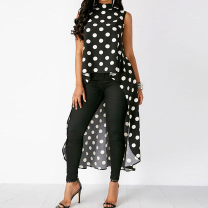 Women Blouses Casual Sleeveless Polka Dot Black High Low Chiffon Long Blouse Tops O Neck Summer Fashion Blusas Blouses 2019 Hot