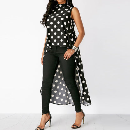 Women Blouses Casual Sleeveless Polka Dot Black High Low Chiffon Long Blouse Tops O Neck Summer Fashion Blusas Blouses 2019 Hot