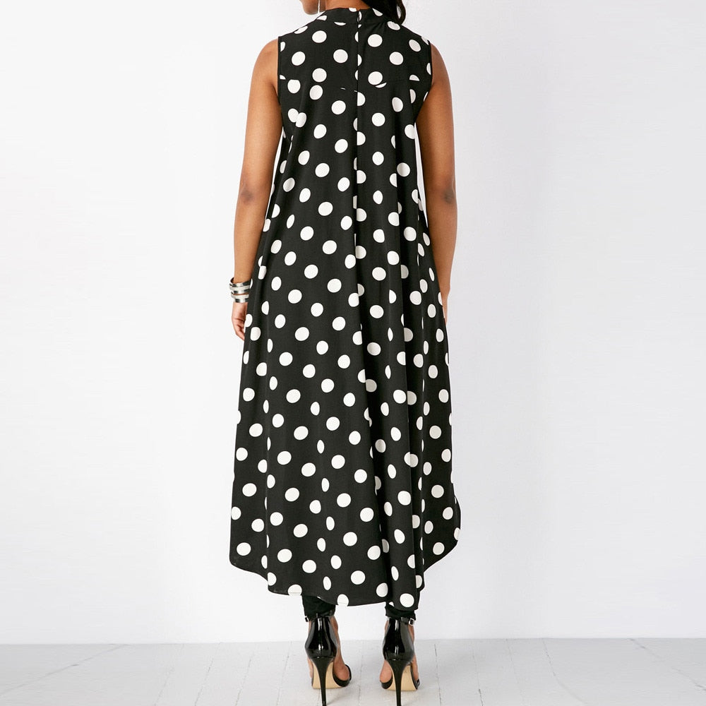 Women Blouses Casual Sleeveless Polka Dot Black High Low Chiffon Long Blouse Tops O Neck Summer Fashion Blusas Blouses 2019 Hot