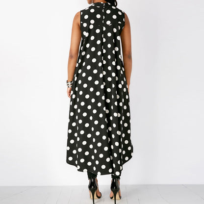 Women Blouses Casual Sleeveless Polka Dot Black High Low Chiffon Long Blouse Tops O Neck Summer Fashion Blusas Blouses 2019 Hot