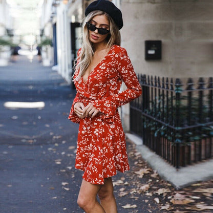 Women Boho Short Mini Dress Summer Floral Print Cocktail Deep V Neck Beach Sundress Long Sleeve Elegant Summer Dress