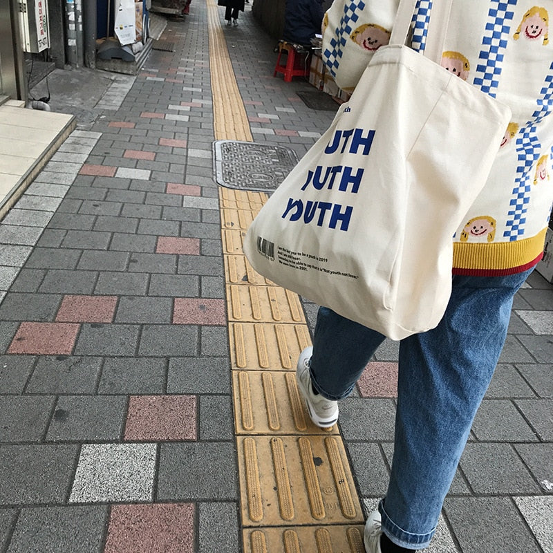 Women Canvas Shopping Bag YOUTH Letters Print Female Cotton Cloth Shoulder Bag Eco Handbag Tote Reusable Grocery Shopper Bags