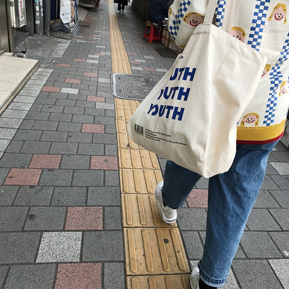 Women Canvas Shopping Bag YOUTH Letters Print Female Cotton Cloth Shoulder Bag Eco Handbag Tote Reusable Grocery Shopper Bags